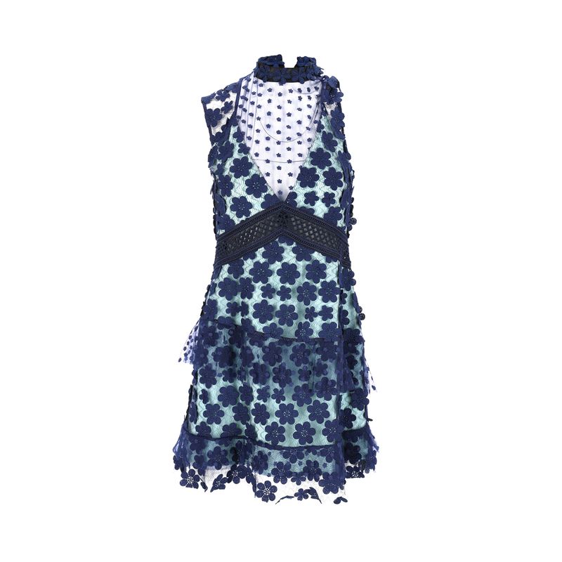 Self-Portrait Sleeveless Ruffled Dress In Blue Polyester